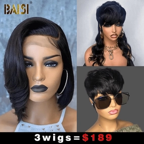 Baisi 1 Straight BoB Wig 1 Mullet Wig 1 Mahcine Made wig=$189