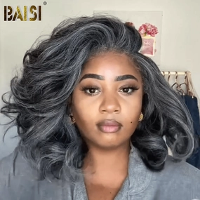 BAISI Bouncy Salt And Pepper Wavy Lace Wig