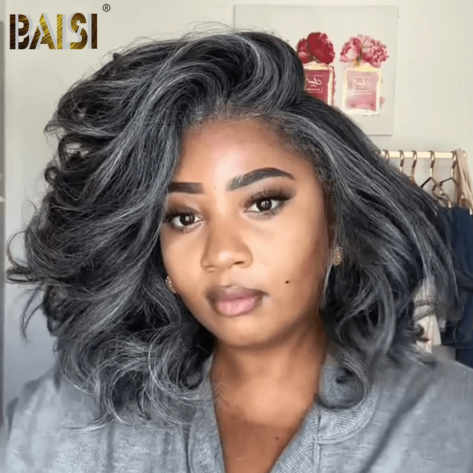 BAISI Bouncy Salt And Pepper Wavy Lace Wig