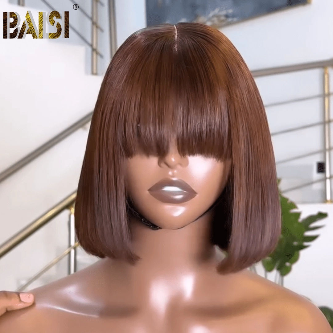 Baisi Machine Made Double Drawn Brown Straight Bang Wig