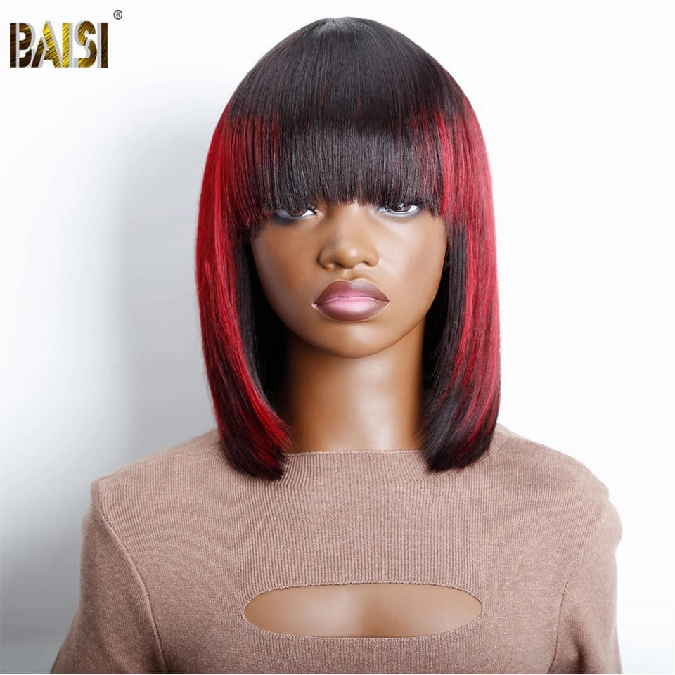 Baisi Machine Made Straight BoB With Burgundy Highlight