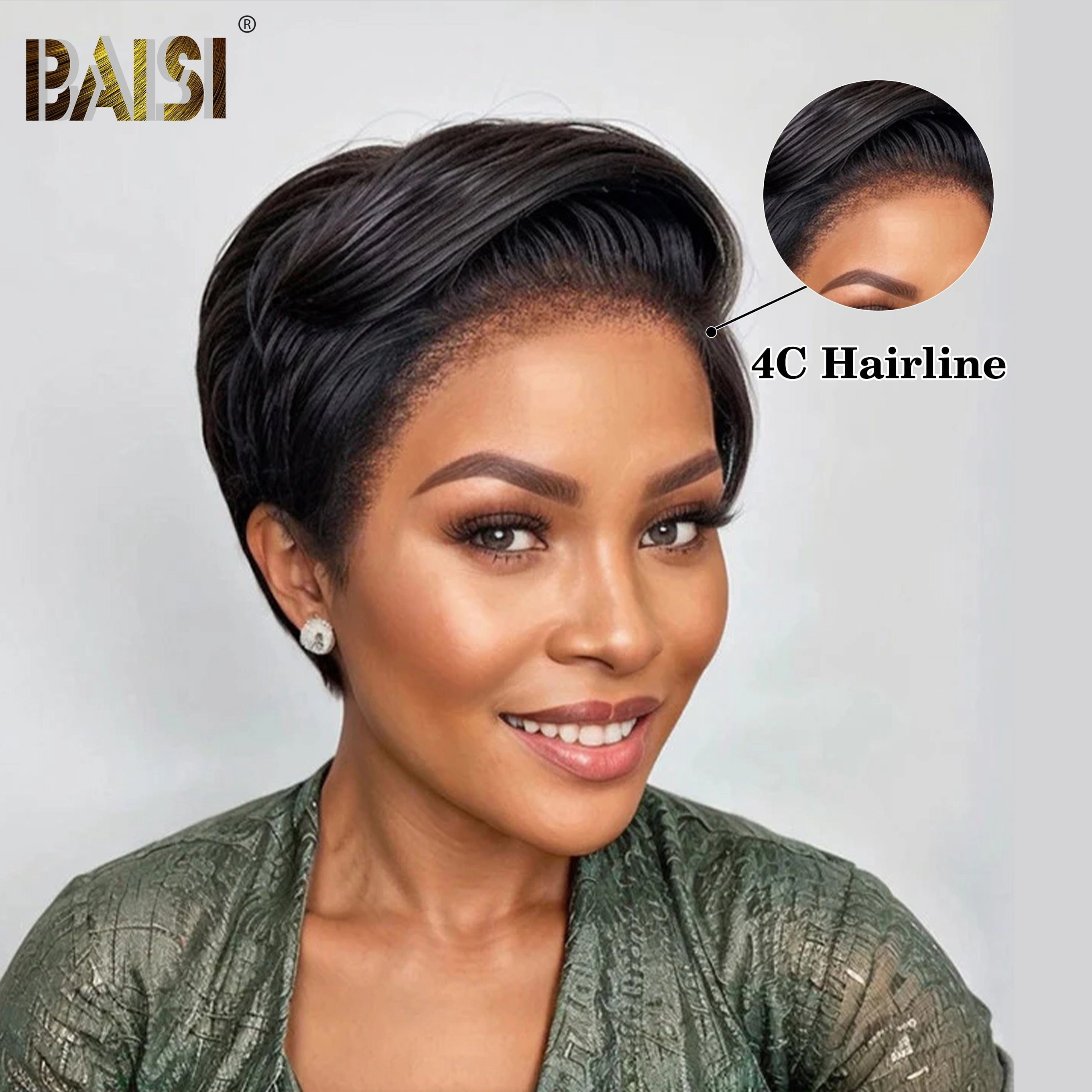 BAISI Natural Black Withh 4CHairline Short Cut Wig