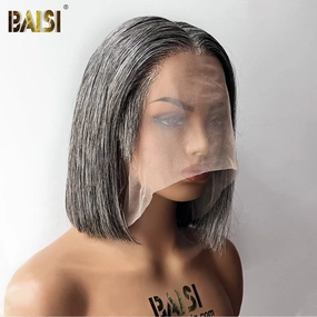 BAISI Salt And Pepper Straight Lace BOB  Wig