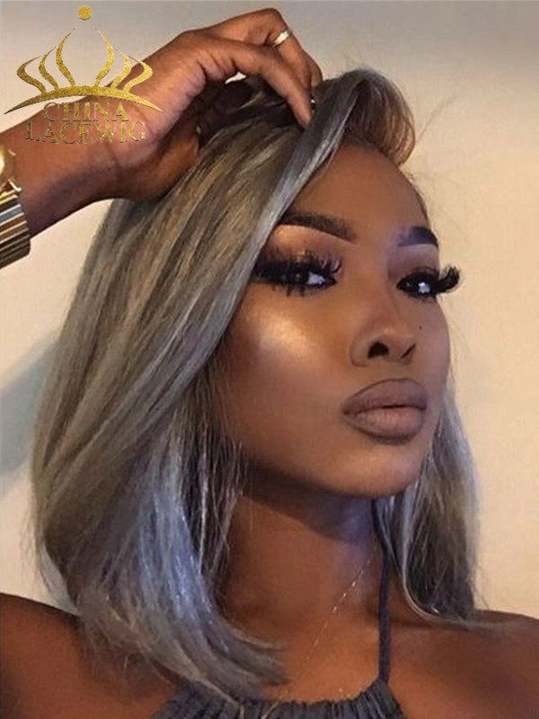 Chinalacewig 13x4 Lace Front Wigs Straight Gray Bob Wig Brazilian Human Hair CF440