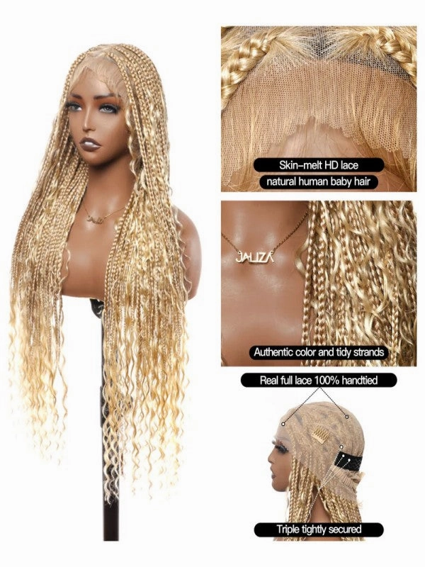 Chinalacewig Tangleless Knotless Boho Box Braided Wig Human Hair Boho Curls HD Full Lace Wig
