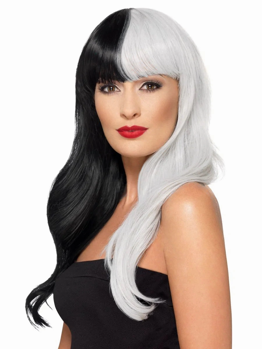 Deluxe Wig, Black Half & White Half With Fringe