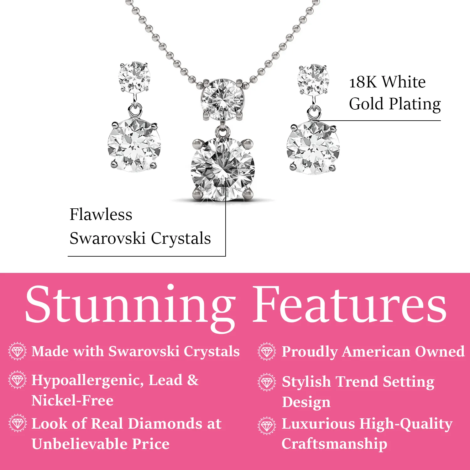 Jasmine 18k White Gold Plated Necklace and Earrings Jewelry Set with Swarovski Crystals