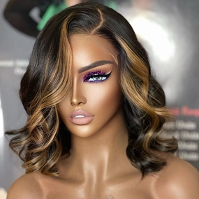 Keisha | Honey Blonde Highlight  Virgin Human Hair Wavy Bob Lace Wig