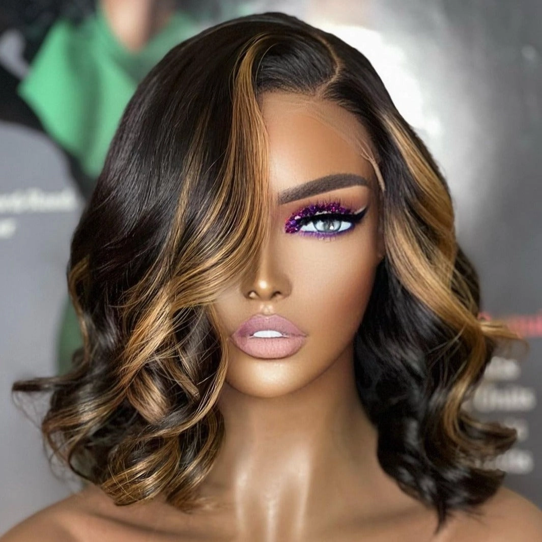 Keisha | Honey Blonde Highlight  Virgin Human Hair Wavy Bob Lace Wig