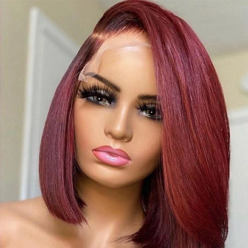 Lucia 150% Burgundy Silk Straight Human Hair Bob Wigs