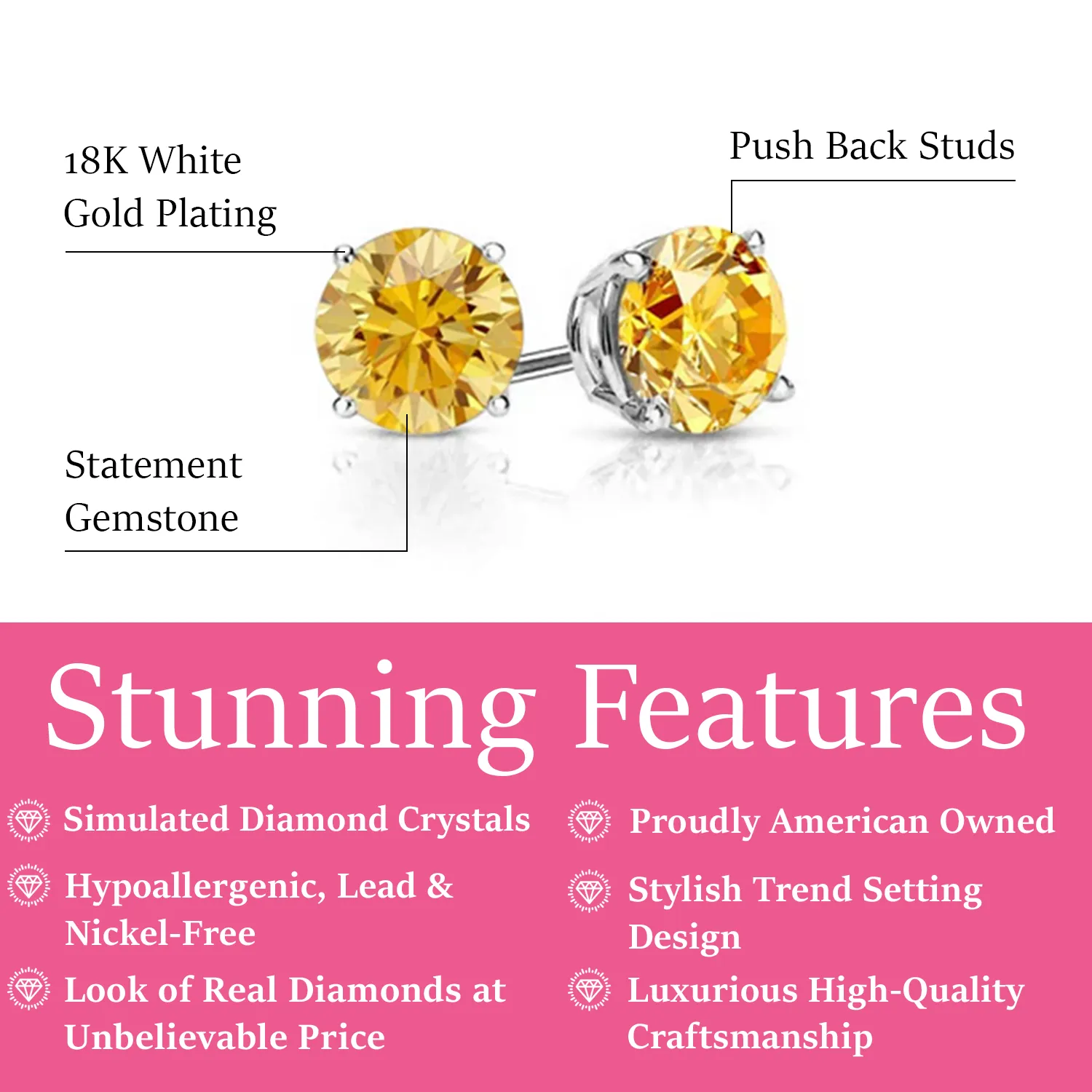 Magnolia 18k White Gold Plated Solitaire Stud Earrings with 1ct Simulated Diamond Crystals