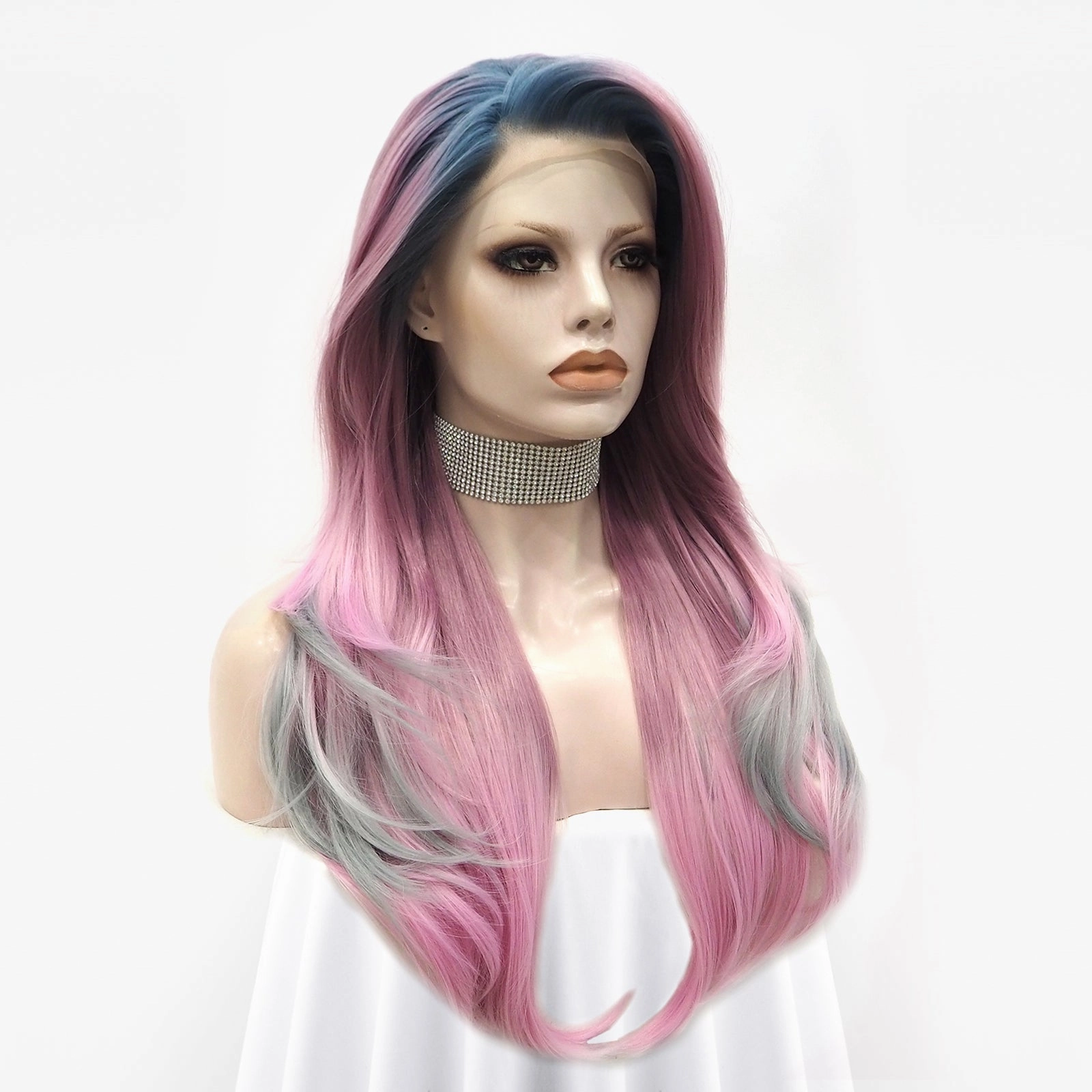 Pink Blue And Gray Ombre  Long Loose Wave Synthetic Lace Front Wig