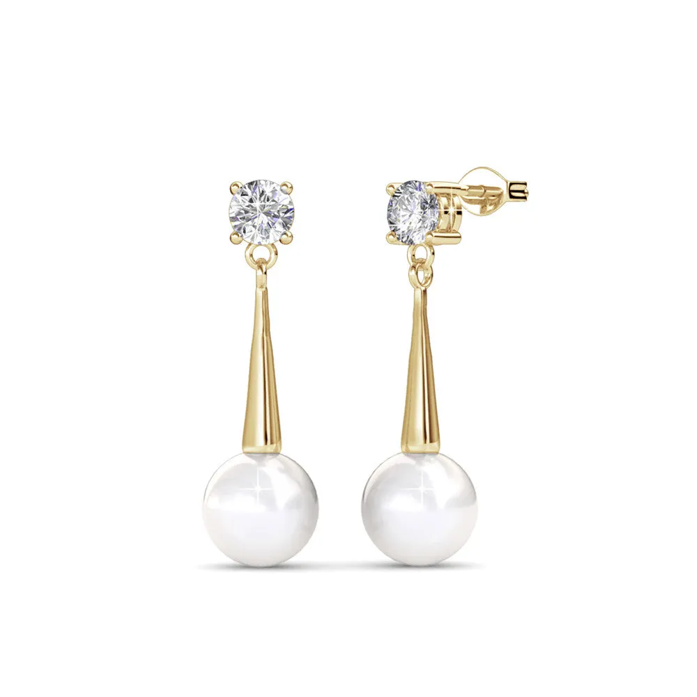 Tatum 18k White Gold Plated Pearl Dangling Stud Earrings with Swarovski Crystal