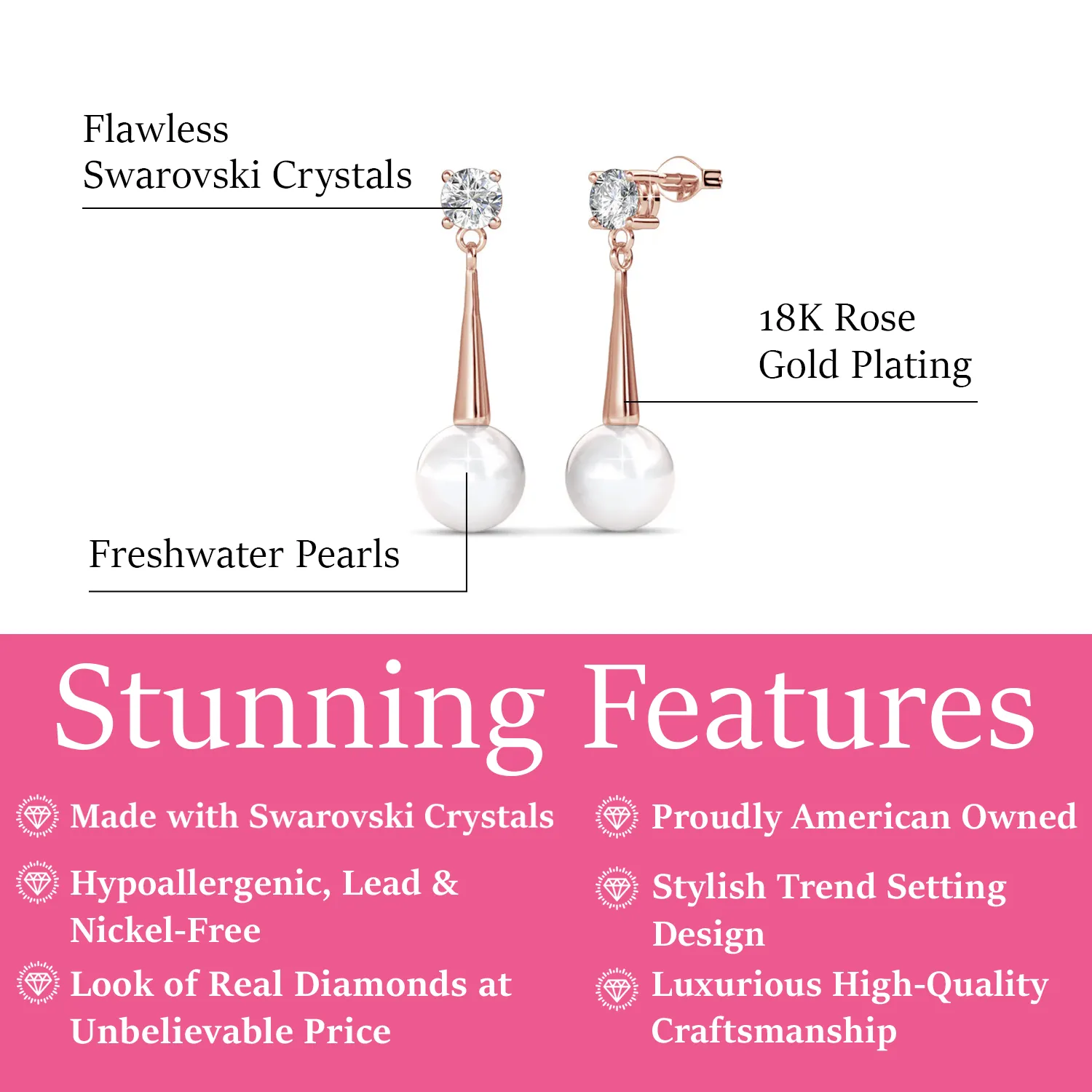 Tatum 18k White Gold Plated Pearl Dangling Stud Earrings with Swarovski Crystal