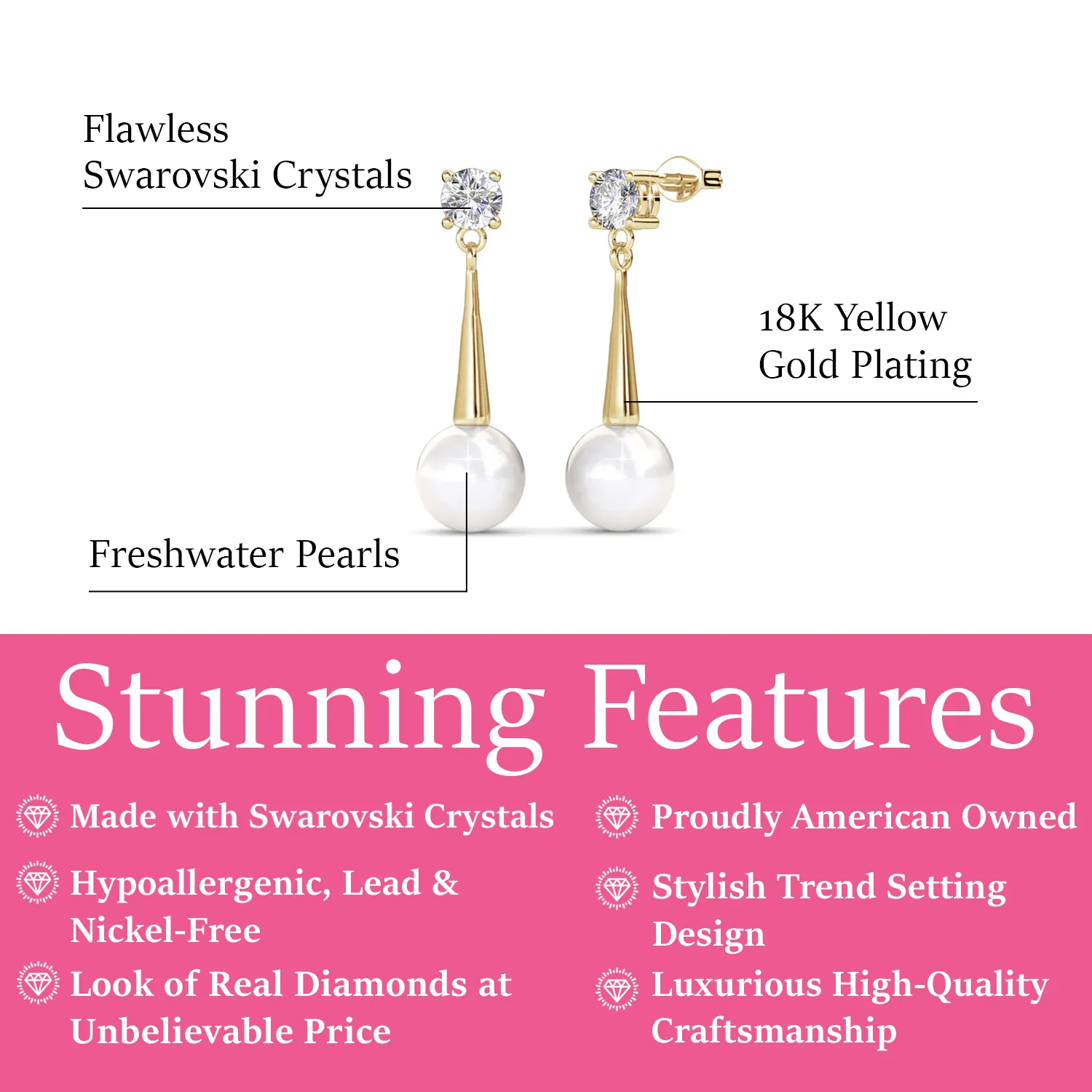 Tatum 18k White Gold Plated Pearl Dangling Stud Earrings with Swarovski Crystal