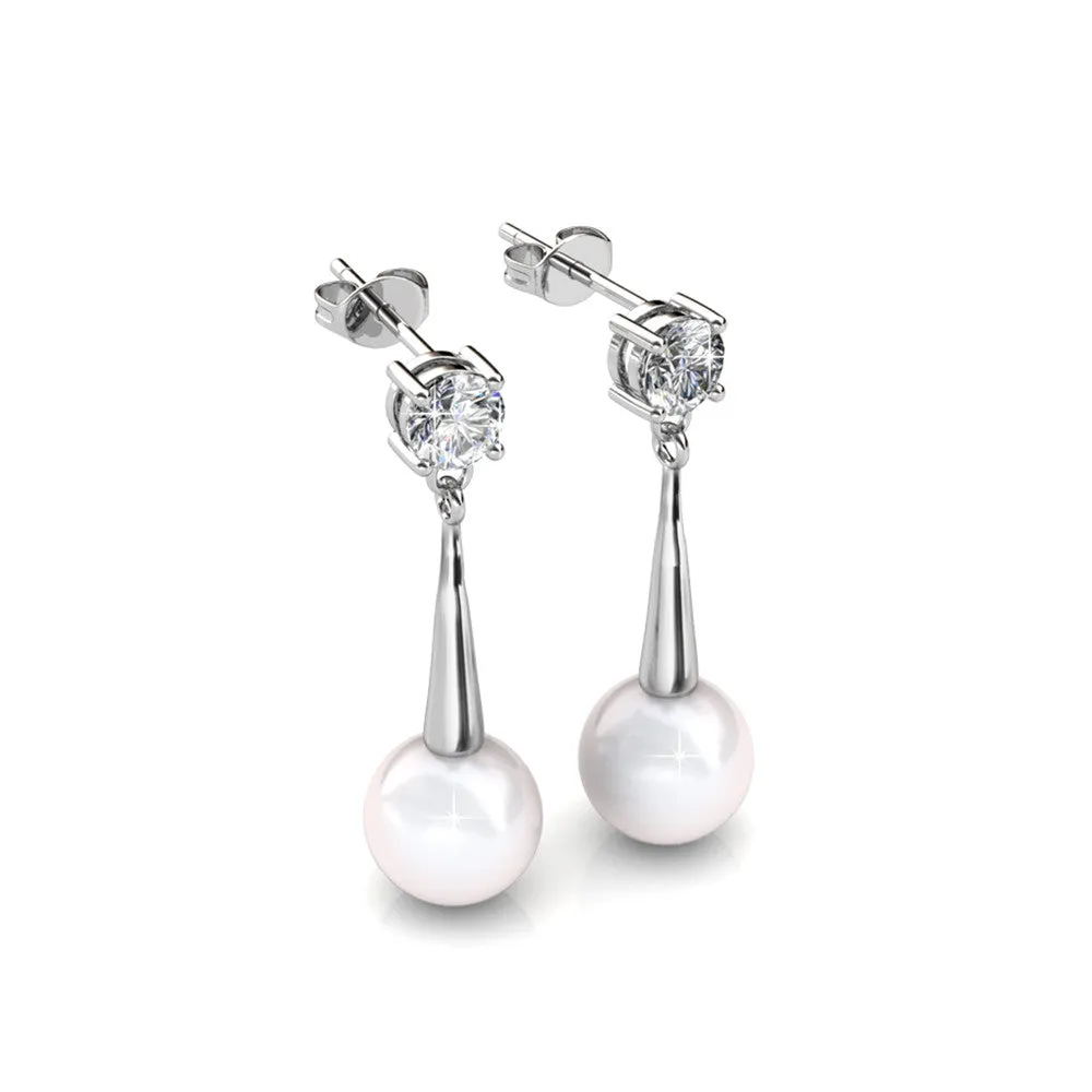 Tatum 18k White Gold Plated Pearl Dangling Stud Earrings with Swarovski Crystal