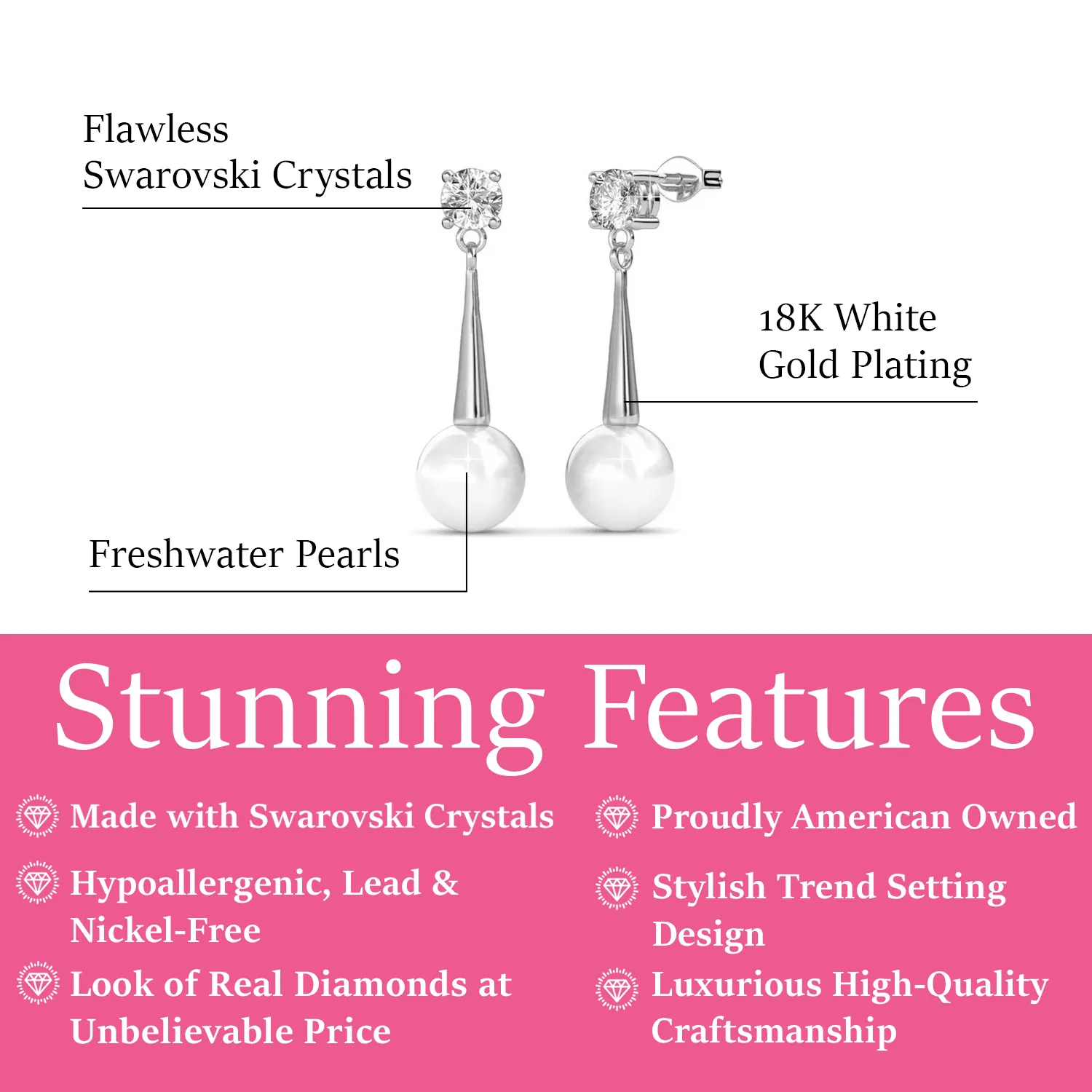 Tatum 18k White Gold Plated Pearl Dangling Stud Earrings with Swarovski Crystal